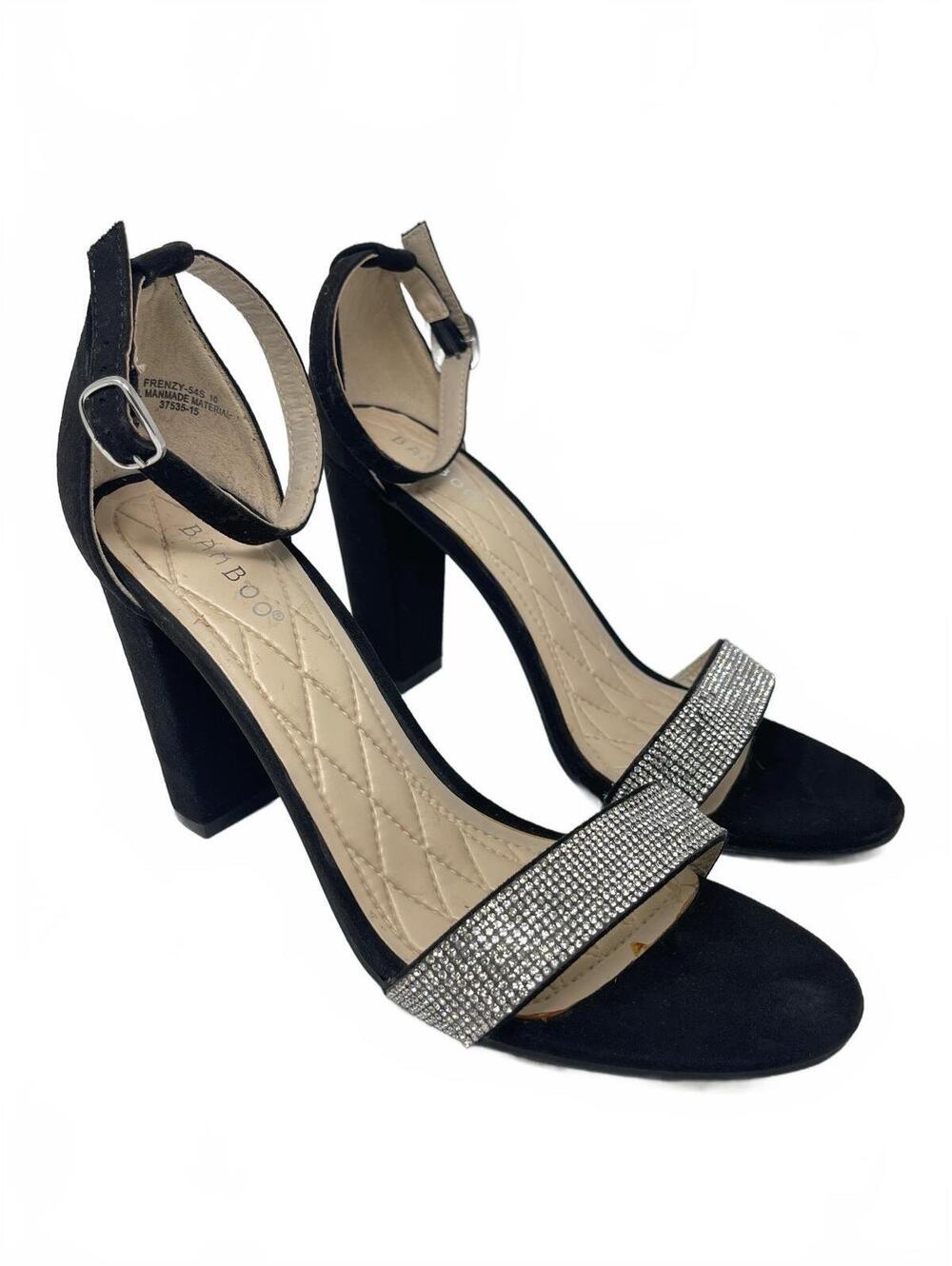 Bamboo Size 10 Rhinestone Ankle Strap Block Heel Sandals Sparkle Black